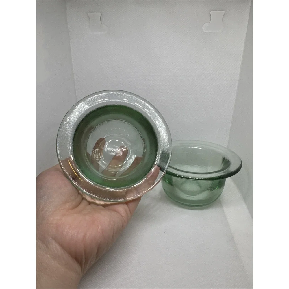 Set of 2 Recycled Spanish Art Glass Green Votive Holders Trinket Dishes‎